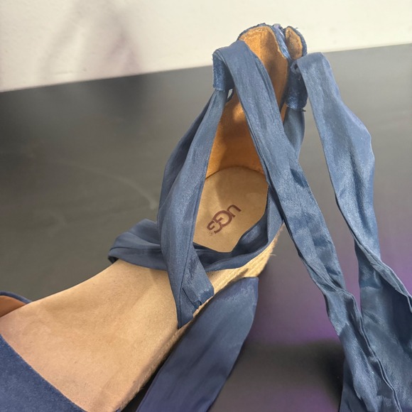 UGG Trina Wedge Espadrille Ankle Wrap Tie Up Sandals Size 10 Blue Suede BOHO - Picture 4 of 12